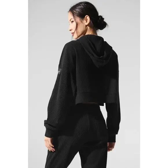 Alo Yoga Muse Hoodie Black Cropped Ribbed Lounge Sweatshirt XS Soft Plush Studio